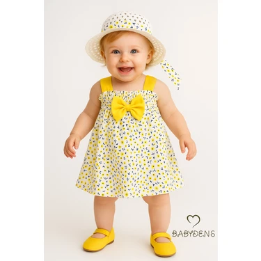 Babyden's Kız Bebek Çiçek Desenli Fiyonklu Yazlık Elbise Şapkalı Takım Pamuklu Sarı Çiçekli Bebek