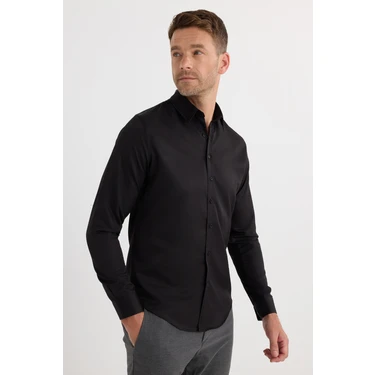 Slim Fit Uzun Kollu Kolay Ütü Teri Emen Nefes Alan Doku Kravatlık Dört Mevsim Siyah Erkek
