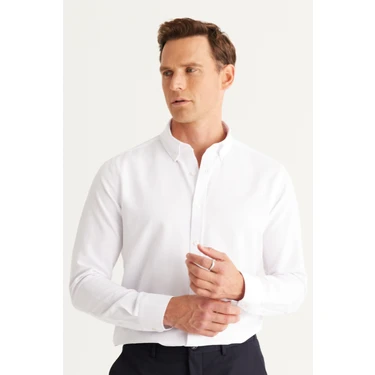 Altınyıldız Classics Erkek Beyaz Düğmeli Yaka Kolay Ütülenebilir Pamuklu Slim Fit Dar Kesim Oxford