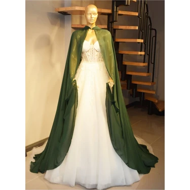 Paris in Paris Yeşil Şifon Kaftan-Gelinlik Üstü Pelerin-Bindallı-Yeşil Şifon Kaftan-Yeşil Kına