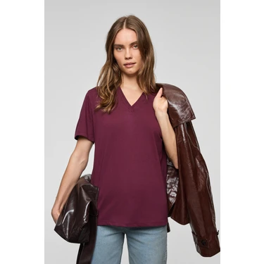 Grimelange ALINE Kadın %100 organik Pamuk Derin V Yakalı Comfort Fit Bordo