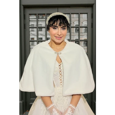Elegance Scarf Kadın Kırık Beyaz Uzun Broşlu Etol Gelin Bolero