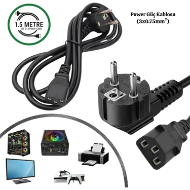 Vorex Gabble 1.5 Metre Standart Power Kablosu Pc Bilgisayar Monitör Yazıcı Güç Kablosu 3 Pin Iec