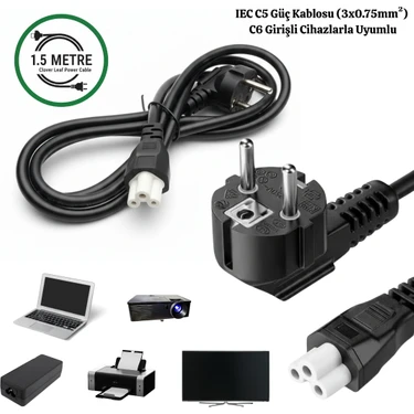 Vorex Gabble 1.5 Metre C5 Yonca Güç Kablosu 10A 250V (3X0.75MM²) Laptop Notebook Adaptör Tv Monitör