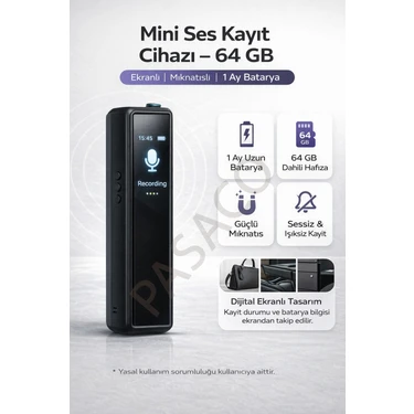 Pasaco 64GB Mini Ses Kayıt Cihazı Mıknatıslı Ekranlı 10 Gün Şarj Profesyonel