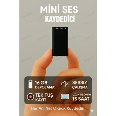Pasaco 16GB Mini Dijital Ses Kayıt Cihazı Tek Şarjla 15 Saat Kayıt Taşınabilir Ses