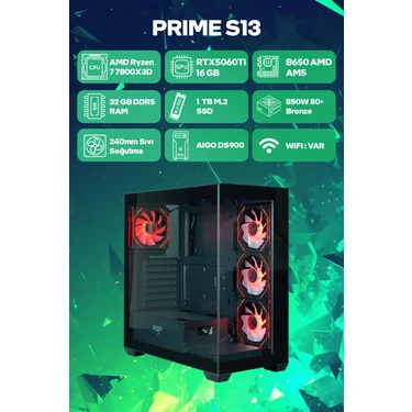 Game Garaj Prime S13 Amd Ryzen 7 7800X3D 32GB RAM 1TB SSD RTX5060Ti 240MM Sıvı Soğutma Freedos