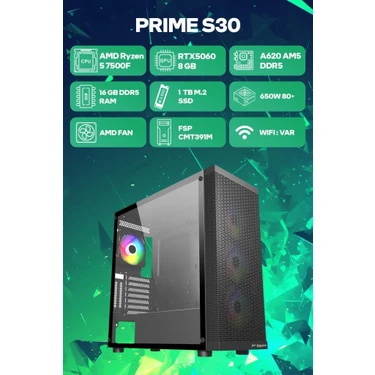 Game Garaj Prime S30 Amd Ryzen 5 7500F 16GB Ram 1tb SSD RTX5060 Freedos Oyuncu Oem