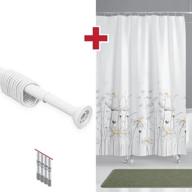 Tropik Home Banyo Perdesi Papatya Çiçek Desen Duş Perdesi, Askı Aparatı Hediyeli 180X200 C Halkalı