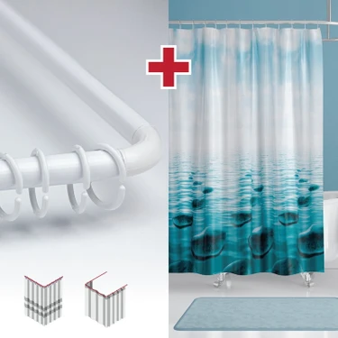 Tropik Home Taş Desen Banyo Perdesi Askı Hediyeli 180X200CM Tek Kanat Mavi Duş Perdesi, L Boru