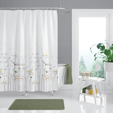 Tropik Home Duş Perdesi Çift Kanat 2X120X200CM Papatya Desenli Çiçekli Banyo Perdesi 16 Adet C