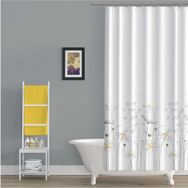 Tropik Home Papatya Desenli Duş Perdesi, Çiçekli Banyo Perdesi 12 Adet C Halka Hediyeli Küvet