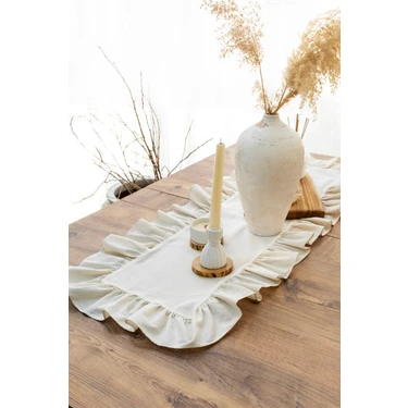 Abide&Hanım Rufle I Runner Naturel Fırfırlı Keten Vintage 40 x 110
