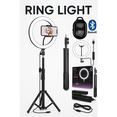 Kumandalı Youtuber Tiktok Çekim Işıklı Telefon Tutucu Makyaj Işığı Ring Light 10 Inç + 2.1 M