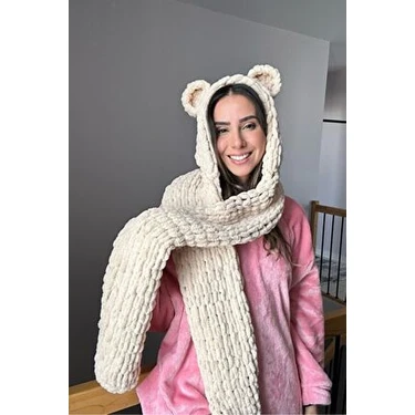 Buboi Knit Ayıcık Kulaklı Krem Renkli El Örgüsü Atkı Şapka Takımı Aksesuar Cinsiyet:
