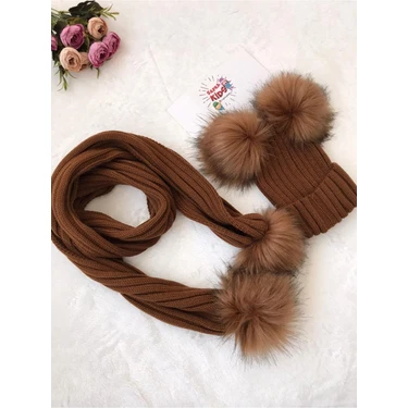 Baby Puff Çift Ponponlu Çocuk Taba Renktriko Atkı Bere