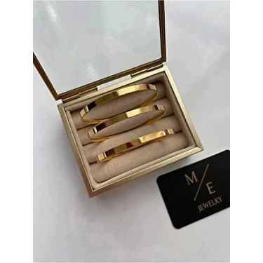 Çelik Gold Detaylı 3’lü Kalın Düz Ajda Bilezik 6.5mm 22