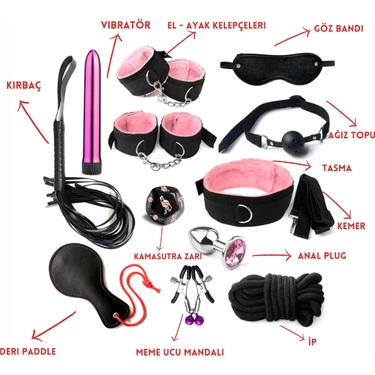 Çok Parçalı Deri Bdsm Kelepçe Kırbaç Fantezi Seti | 13 Parça | Pembe | Gizli