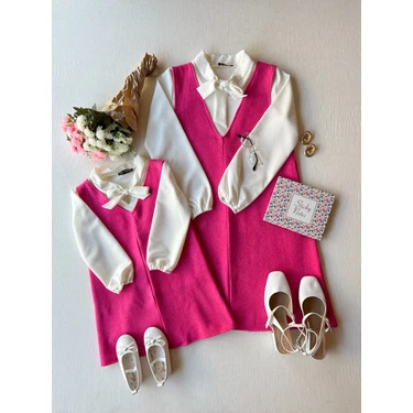 Küçüğüm Butik Pembe Rengi Kısa Kaşe Jile Elbise Anne Kız Kombini (2'li