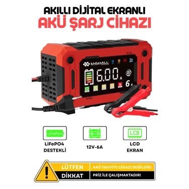 Enshall 12V-6A Araba, Kamyon, Tır, Gemi Motosiklet LIFEP04 Özellikli Akıllı Hızlı Akü Şarj Cihazı