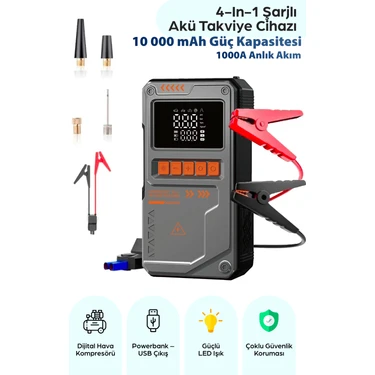 Robeve 4’ü 1 Arada 10000 Mah Şarjlı Araç Akü Takviye Cihazı – Jump Starter, Dijital Hava