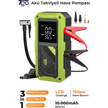 7go 7A4 Akü Takviyeli Hava Pompası & Jump Starter 10000MAH Powerbank – Çok Fonksiyonlu Araç Destek