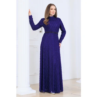 Elben Moda Lina Tesettür Abiye Elbise Dantel Kumaş Eteği Kuyruk ve Beli Taş