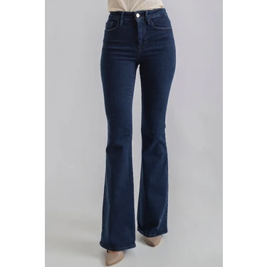 Ramrod  Koyu Mavi Flora Ispanyol Paça Kot  Pantolon Yüksek Bel Flare  Jeans