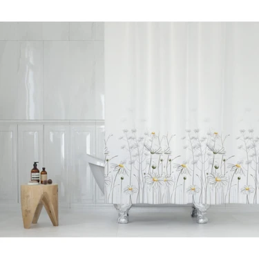 Pimtaş Troopikhome Banyo Perdesi Papatya Çiçek Desen Duş Perde Su Geçirmez Küvet Perde 180X200 Duş
