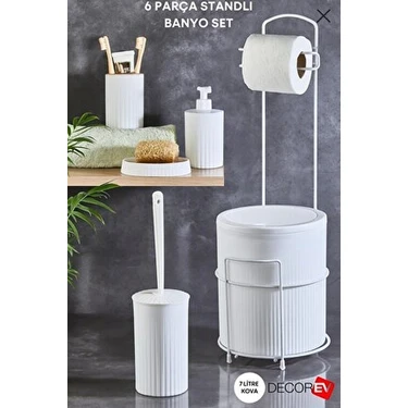 Decorev 6 Parça Metal Standlı Banyo Seti – 7 Litre Çöp Kovası, Tuvalet Kağıtlığı, Sabunluk,