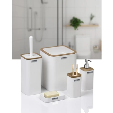 Okyanus Home 5'li Banyo Seti Beyaz Çizgili Kare Tasarım Suya Dayanıklı