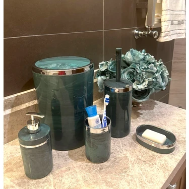Makri Home Banyo Seti 5'li, Yuvarlak, Akrilik-Çöp Kovası, Wc Fırçalık, Sıvı Sabunluk, Diş Fırçalık,