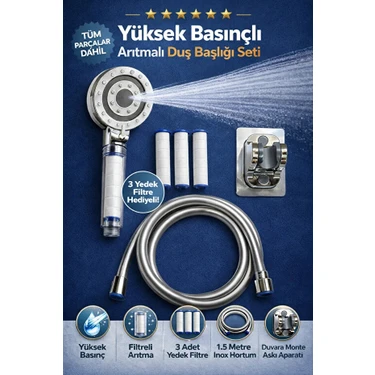 Suvia Filtreli Duş Başlığı Seti | 5 Fonksiyonlu Yüksek Basınçlı | Patlamaz Kırılmaz Pvc Duş Hortumu