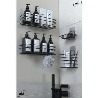 Alsi Home Paslanmaz Yapışkanlı Siyah Metal Banyo Rafı Düzenleyici 4'lü Set Duş Rafı Şampuanlık