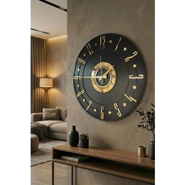 AA Shop Siyah Renk Gold Sayılı Hediyelik Ahşap Dekoratif Farklı Desenli Ev Hediyelik Duvar Saati