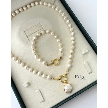 Eyla Collection Gemici Düğümü Kilitli Çeyrek Altın Takılabilir Gerçek Inci Set (60