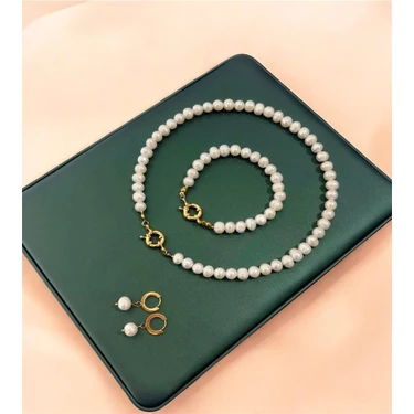 Taşmir Sertifikalı 8-9 mm Gerçek Doğal Inci Kolye Bileklik Küpe Set - 14 K Altın Kaplama