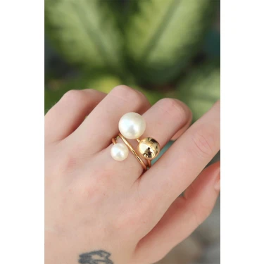 Ayder Timya Pirinç Gold Renk Ayarlanabilir İnci Taşlı Yüzük - TJ-BYK3180 TG/Tmya1395