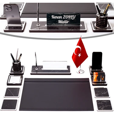 İsimlik Sepeti Türk Bayraklı Mermer Desen Ahşap Sümen Takımı 11 Parça Gümüş Renkli Masa İsimliği