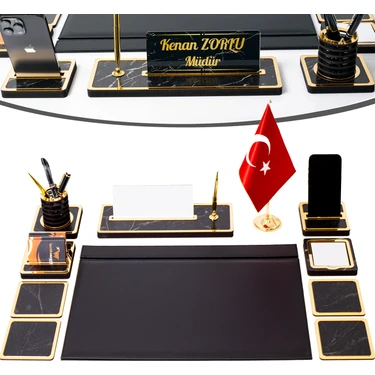 İsimlik Sepeti 11 Parça Türk Bayraklı Mermer Desen Ahşap Sümen Takımı Deri Sümen