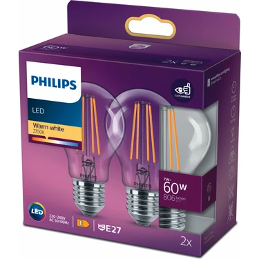 Philips LED Classic Şeffaf Filament Ampul 7W 806Lum 2700K Sarı Işık A60 E27 (60W) 2'li