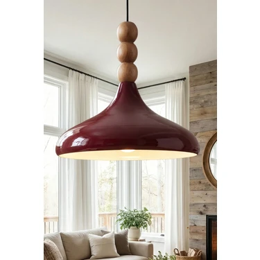Marrien Nova Bohem Ahşap 3 Boncuklu Bordo Metal Sarkıt (35 cm) Yemek Masası Üstü