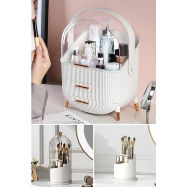 Piev House By House 2 Si 1 Arada Fırçalık Makyaj Organizer Set Şeffaf Kapaklı ve 360 Dönebilen