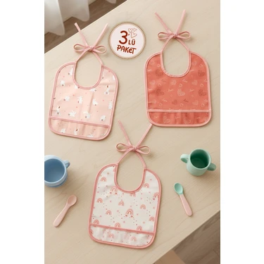 Hamur Proof 3'lü Sıvı Su Geçirmez Bebek Mama Önlüğü Ağız Silme Mendili Bağlamalı 3 Prç SomonGrup
