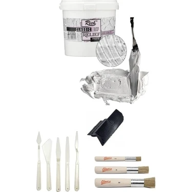 Glance Rich Klasik Beyaz Rölyef Pasta 1200 gr, Stencil Fırça, Plastik Spatül ve Doku Tarağı