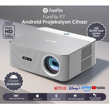 Funflix P7 Android 4K Destekli LED Full Hd Projeksiyon Cihazı, Lisanslı Android Tv, Bluetooth, 8W