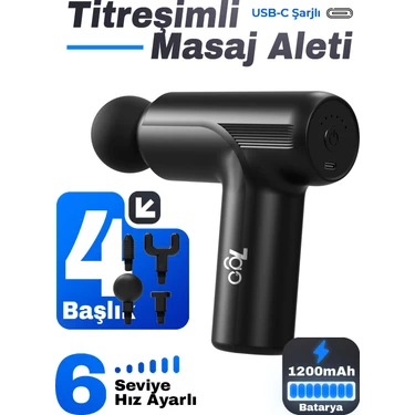 7go 7gmg6 Mini Masaj Tabancası – 4 Başlık, 6 Kademe, 24W Güç, 1200 Mah Şarjlı Titreşimli Kas Masaj