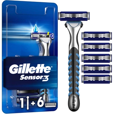 Gillette Sensor3 Tıraş Makinesi - 3 Bıçaklı, Kayganlaştırıcı Bant ve Oynar Başlık ile, 1 Adet + 6