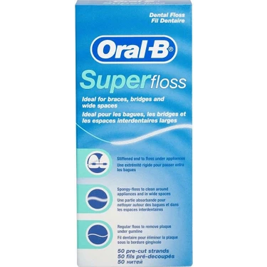Oral-B Süper Diş İpi - Diş Teli ve Köprü Temizliği İçin Sert Uçlu, Süngerimsi ve Normal İp, 50