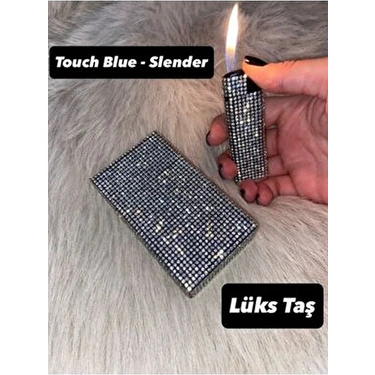 Lüks Taş Taşlı Sigara Kutusu ve Çakmak Touch Blue - Slender Kısa Kalın Sigara İçin Şık